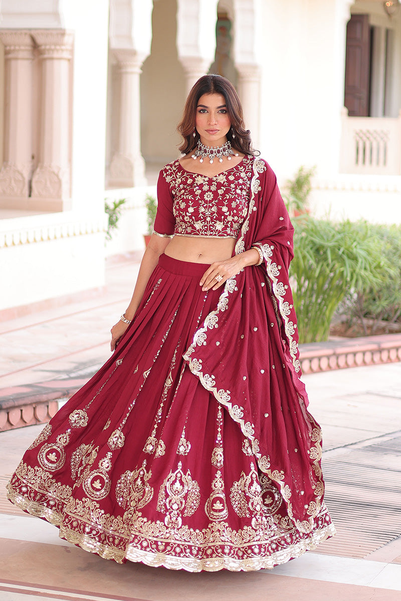 Maroon Embroidered Lehenga Choli with Dupatta – Heavy Traditional Wedding Set RTI