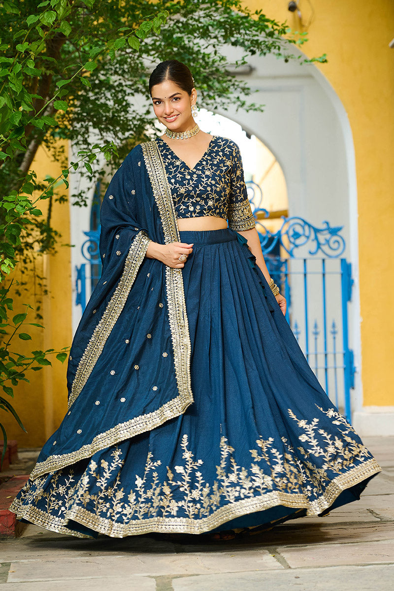 Teal Embroidered Lehenga Choli with Dupatta – Heavy Party wear Set RTI