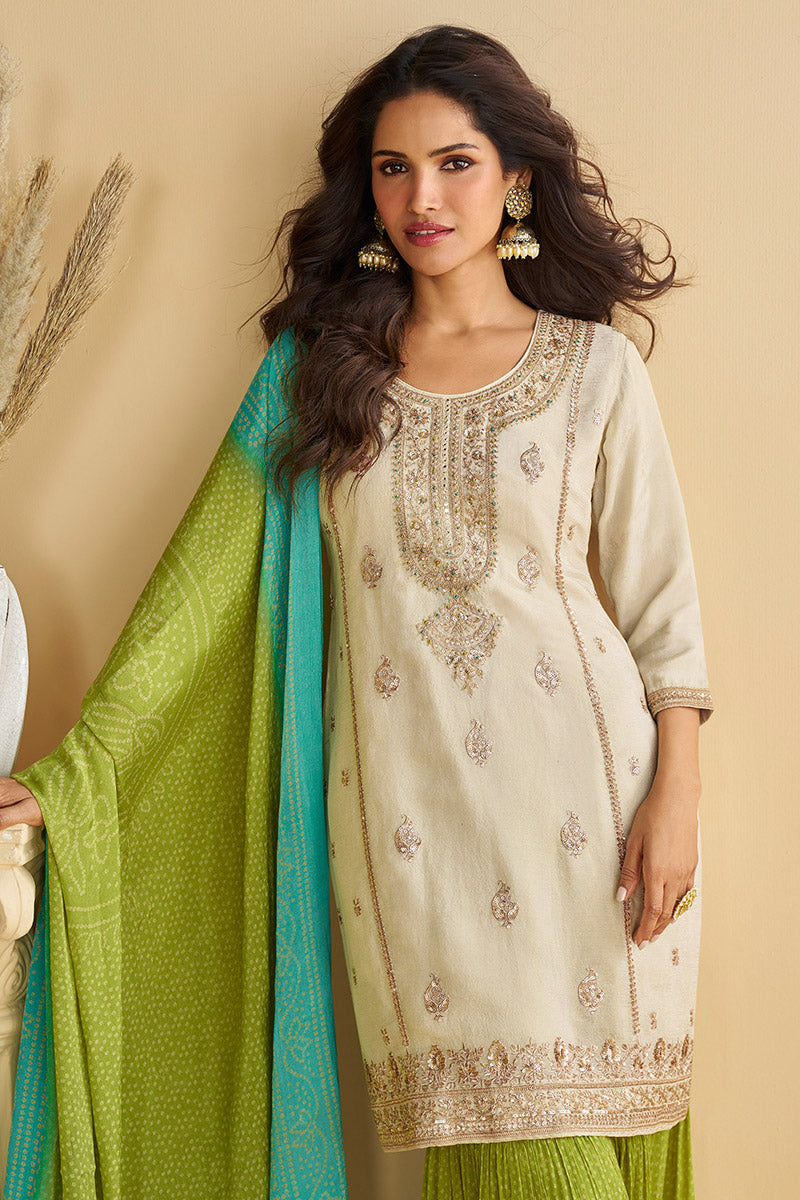 Cream & Lime Green Embroidered Palazzo Salwar Suit RTI