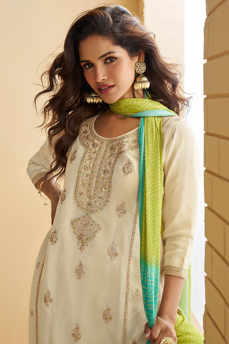 Cream & Lime Green Embroidered Palazzo Salwar Suit RTI