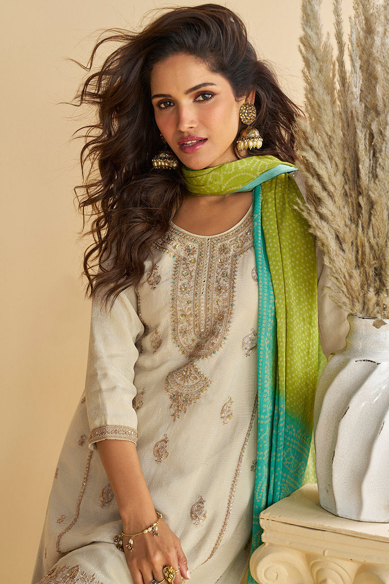 Cream & Lime Green Embroidered Palazzo Salwar Suit RTI