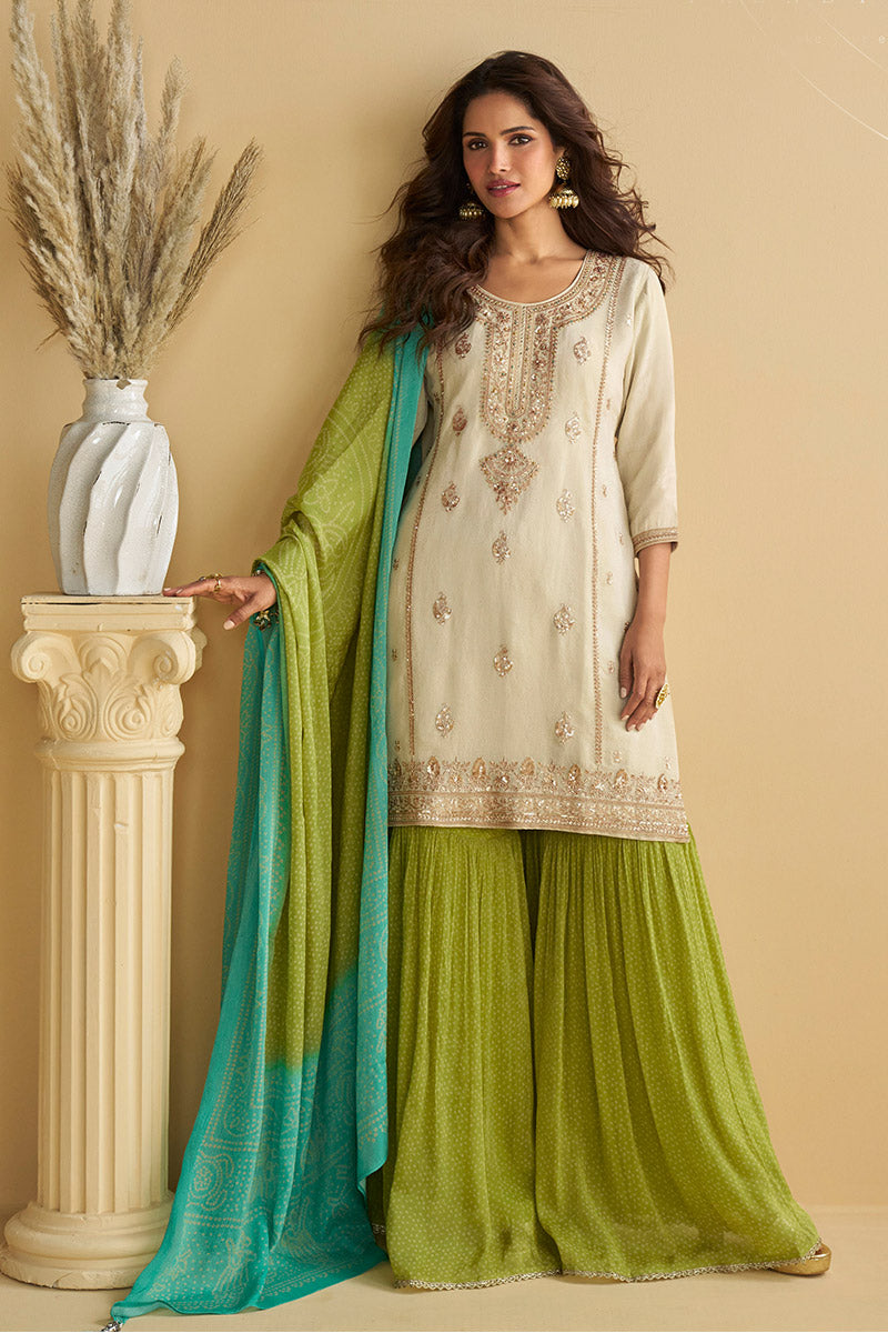 Cream & Lime Green Embroidered Palazzo Salwar Suit RTI