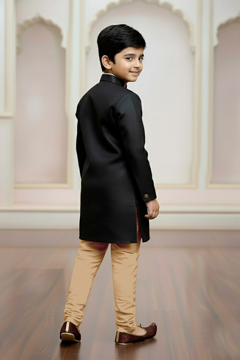Elegant Boys Black Sherwani with Gold Trim – Kids Traditional Festive Outfit RTI