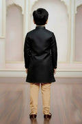 Elegant Boys Black Sherwani with Gold Trim – Kids Traditional Festive Outfit RTI