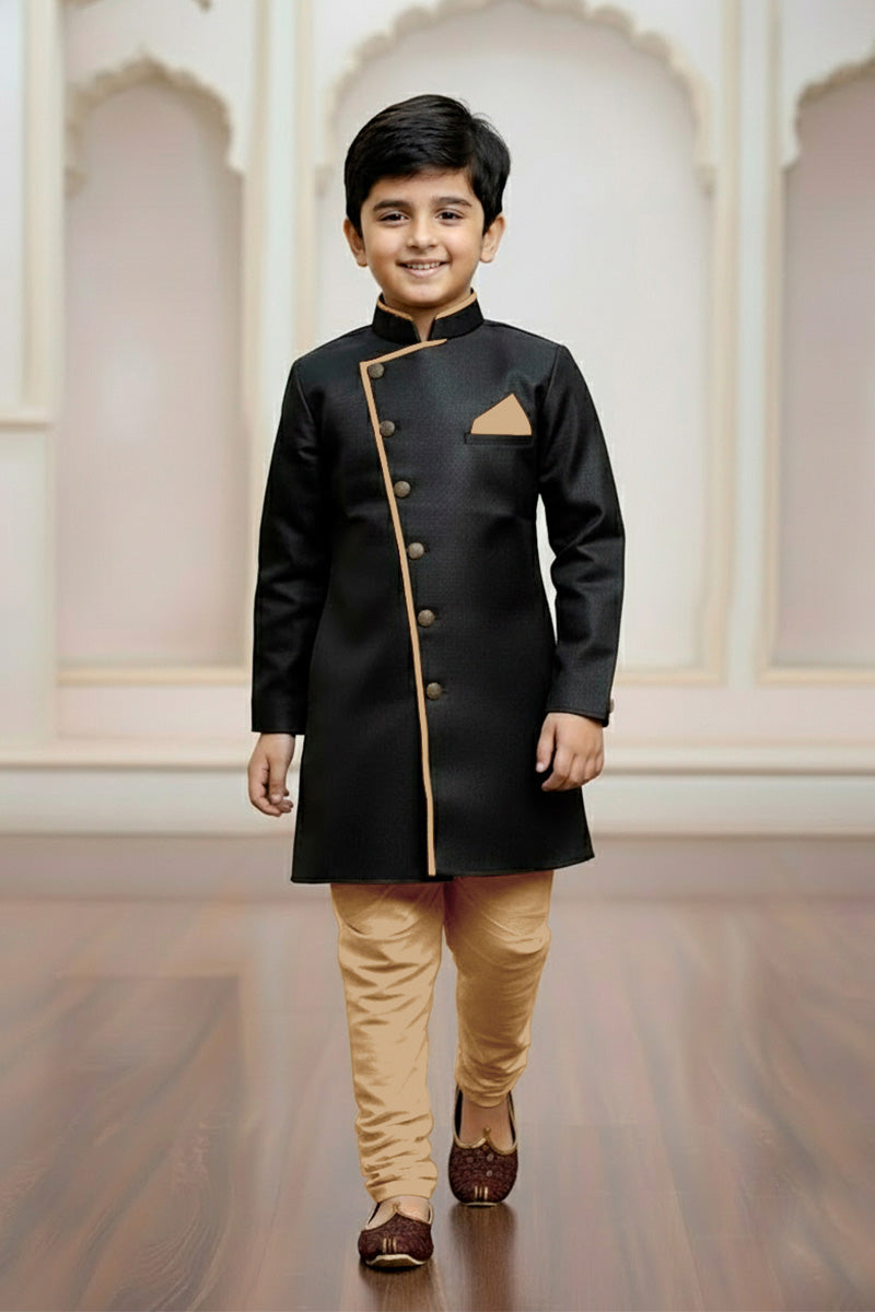 Elegant Boys Black Sherwani with Gold Trim – Kids Traditional Festive Outfit RTI