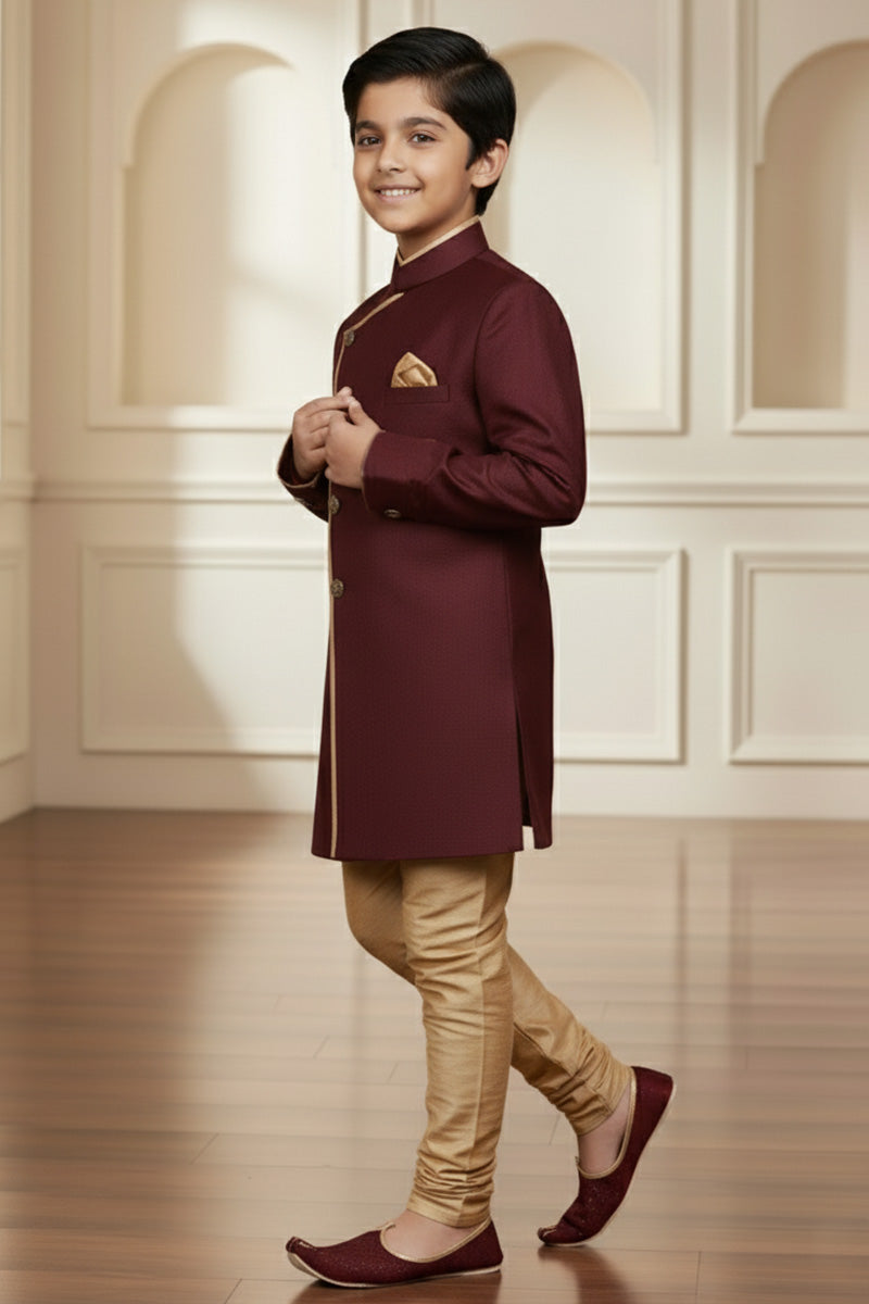 Boys Maroon Kurta Pajama Set with Gold Detailing | Traditional Kids Outfit RTI