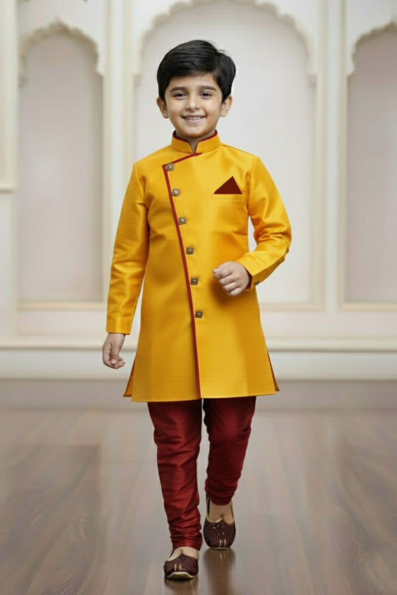 Royal Yellow Boys Kurta Pajama with Maroon Trim – Festive Collection RTI