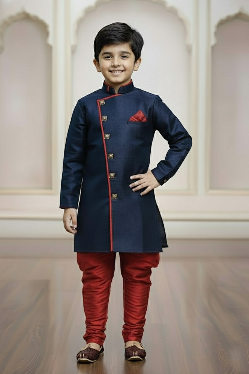 Luxury Boys Navy Blue Kurta Pajama Set – Traditional Gold Accents RTI