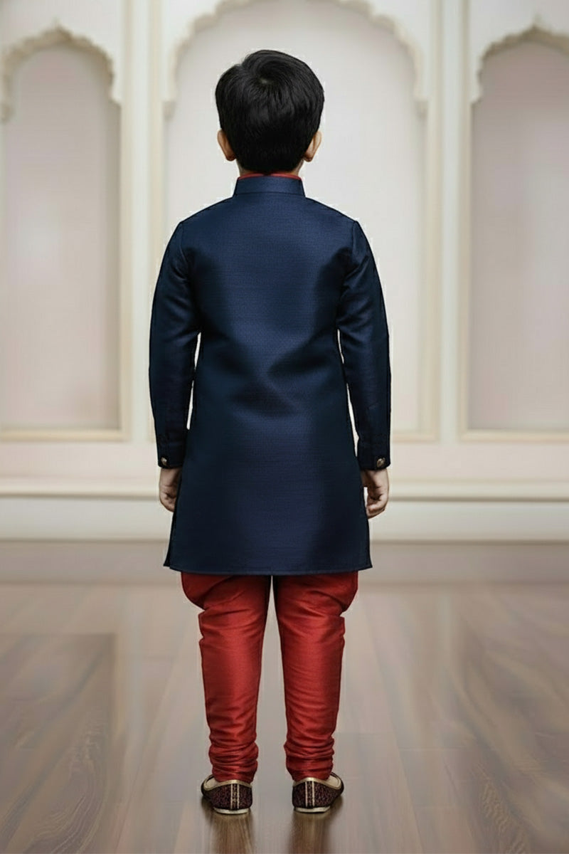 Luxury Boys Navy Blue Kurta Pajama Set – Traditional Gold Accents RTI