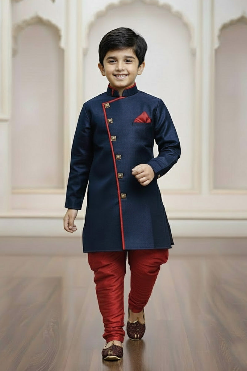 Luxury Boys Navy Blue Kurta Pajama Set – Traditional Gold Accents RTI