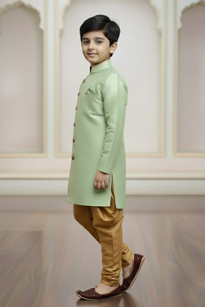 Boys Green Kurta Pajama for Eid & Weddings – Gold Trim Design RTI