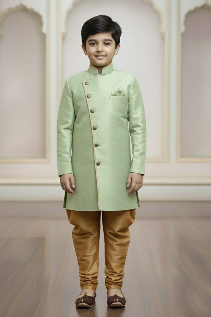 Boys Green Kurta Pajama for Eid & Weddings – Gold Trim Design RTI