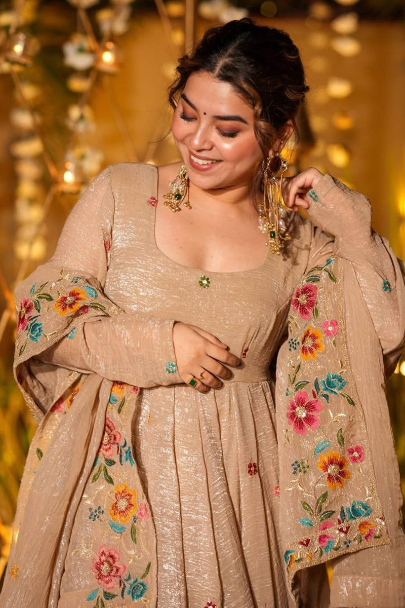 Beige Floral-Embroidered Anarkali Suit with Dupatta — Elegant Party & Wedding Wear RTI