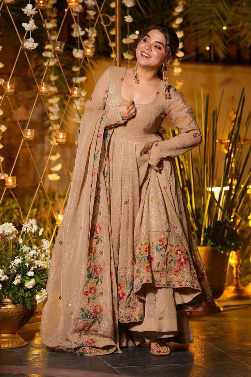 Beige Floral-Embroidered Anarkali Suit with Dupatta — Elegant Party & Wedding Wear RTI
