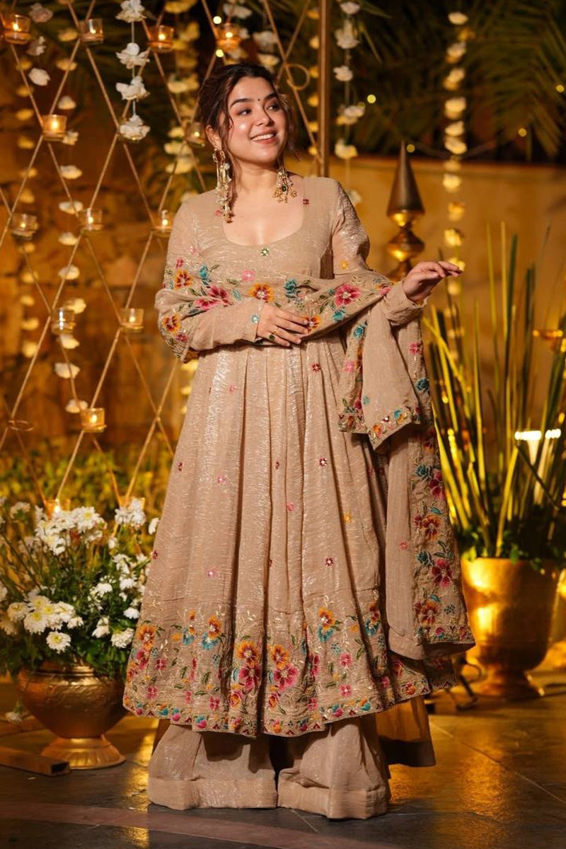 Beige Floral-Embroidered Anarkali Suit with Dupatta — Elegant Party & Wedding Wear RTI