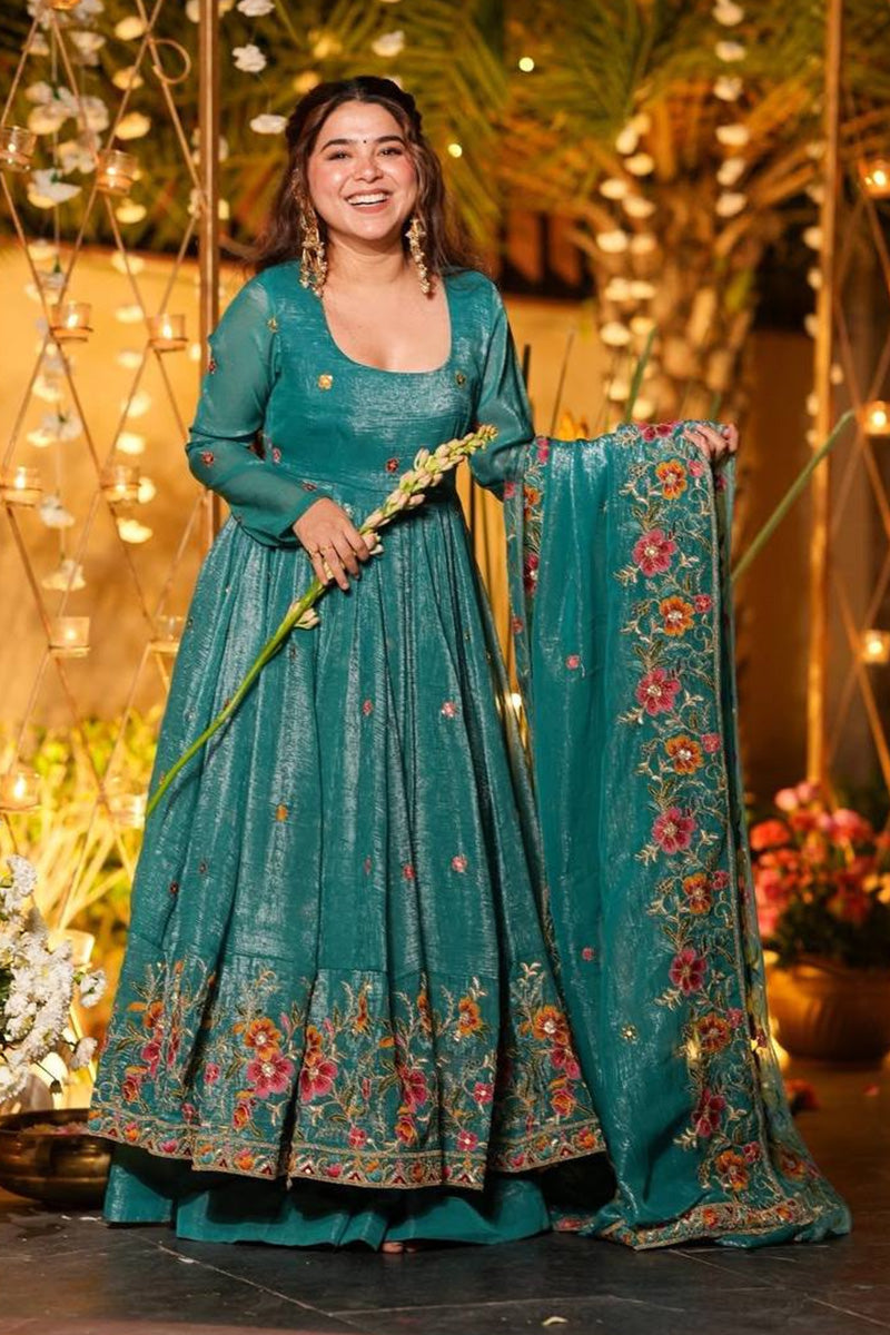 Blue Floral Embroidered Anarkali Suit with Dupatta RTI