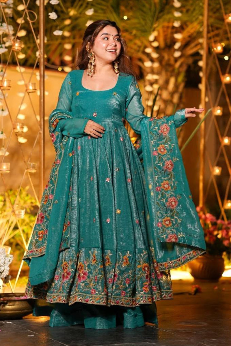Blue Floral Embroidered Anarkali Suit with Dupatta RTI