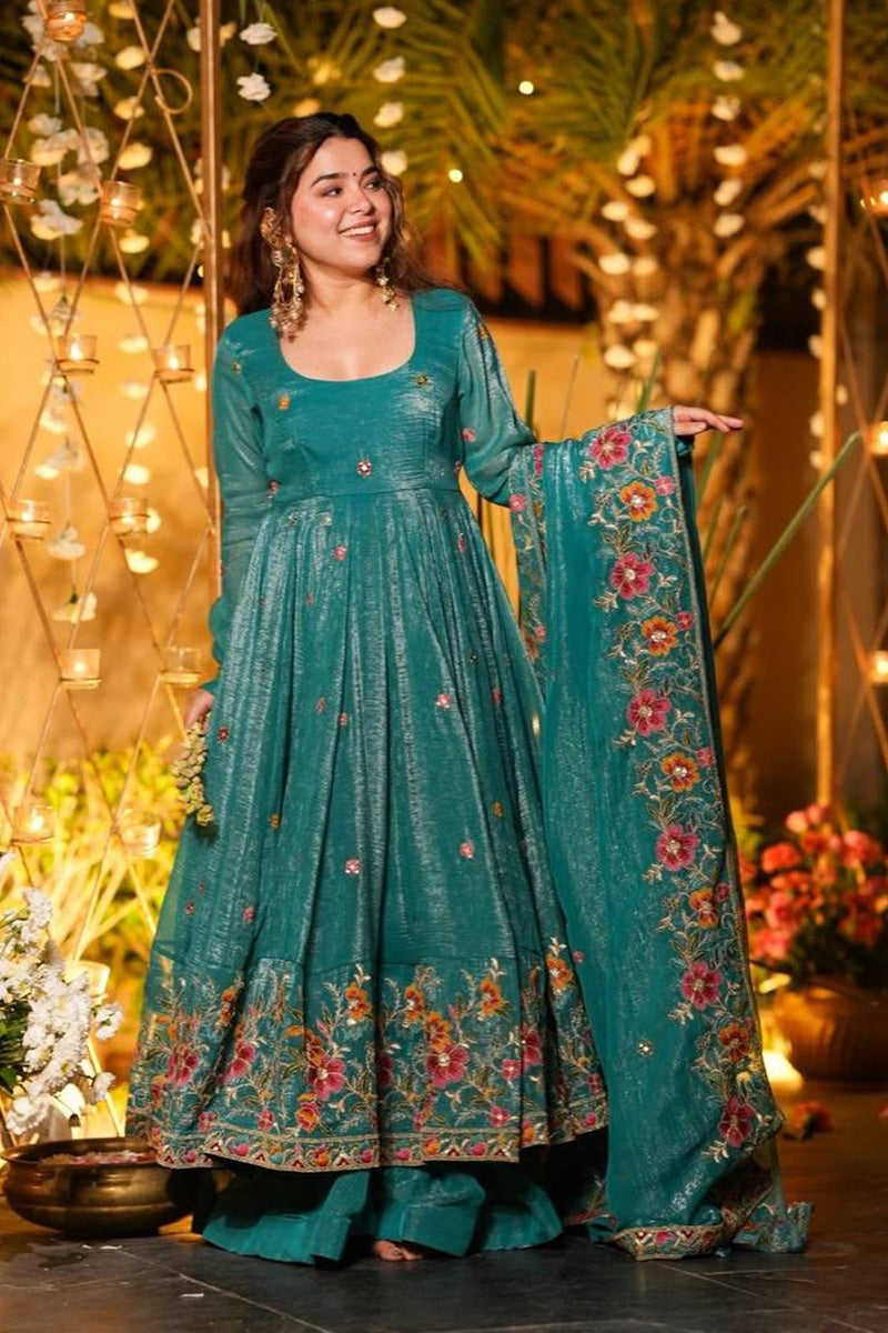 Blue Floral Embroidered Anarkali Suit with Dupatta RTI