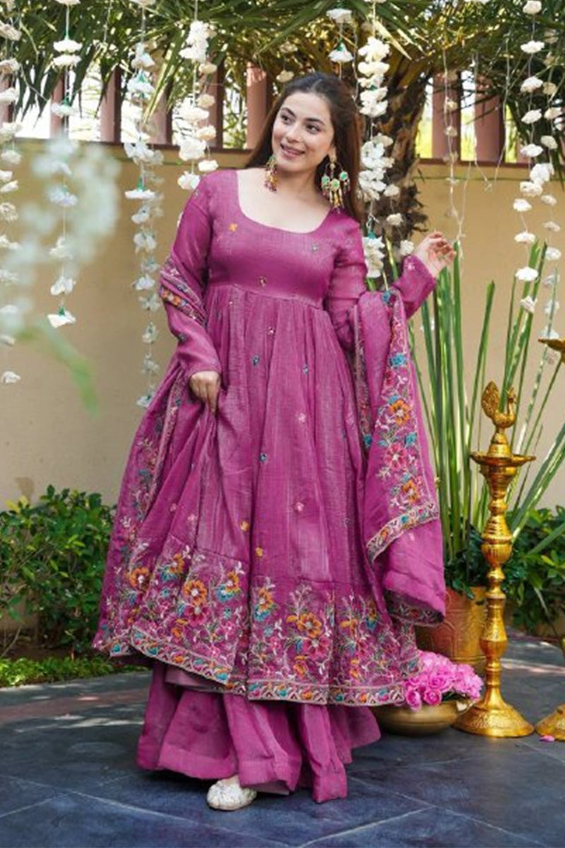 Elegance and Comfort Floral Embroidered Anarkali Suit with Dupatta in Pink RTI