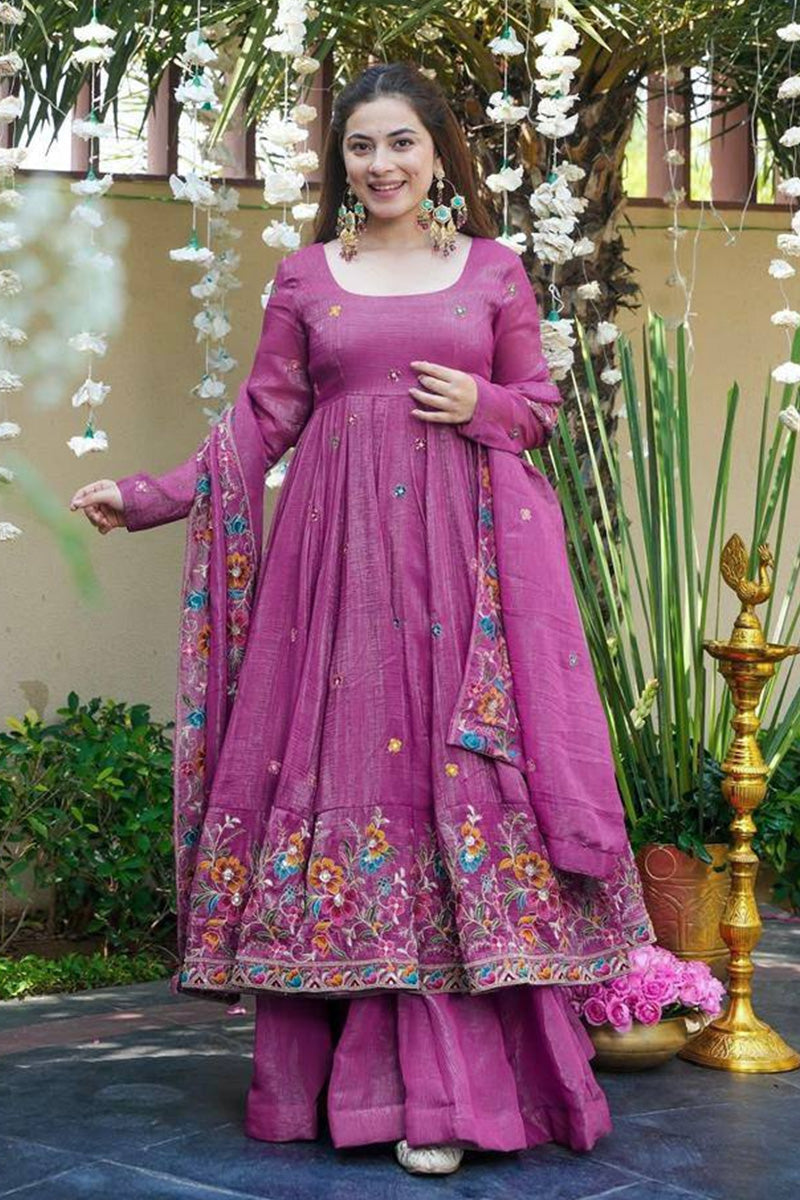 Elegance and Comfort Floral Embroidered Anarkali Suit with Dupatta in Pink RTI