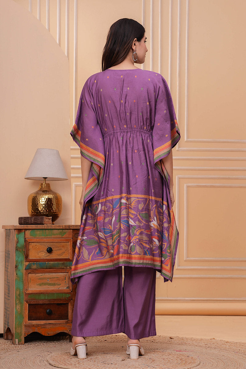 Elegant Purple Floral Cotton Kaftan & Palazzo Set — Boho-Chic Ethnic Tunic Suit RTI