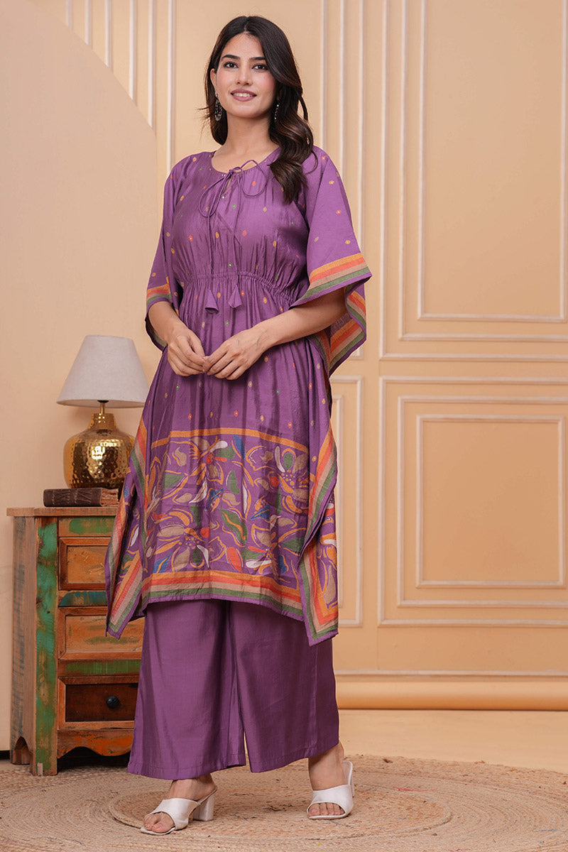 Elegant Purple Floral Cotton Kaftan & Palazzo Set — Boho-Chic Ethnic Tunic Suit RTI
