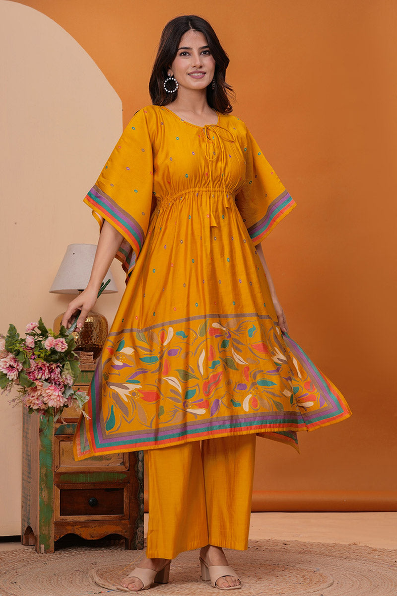 Mustard Floral Kaftan & Palazzo Set – Boho Ethnic Women’s Wear RTI