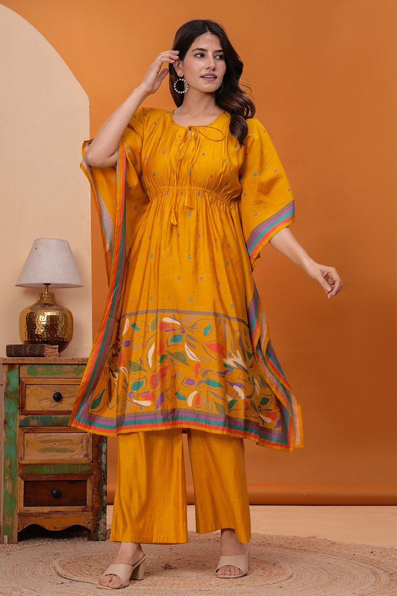 Mustard Floral Kaftan & Palazzo Set – Boho Ethnic Women’s Wear RTI