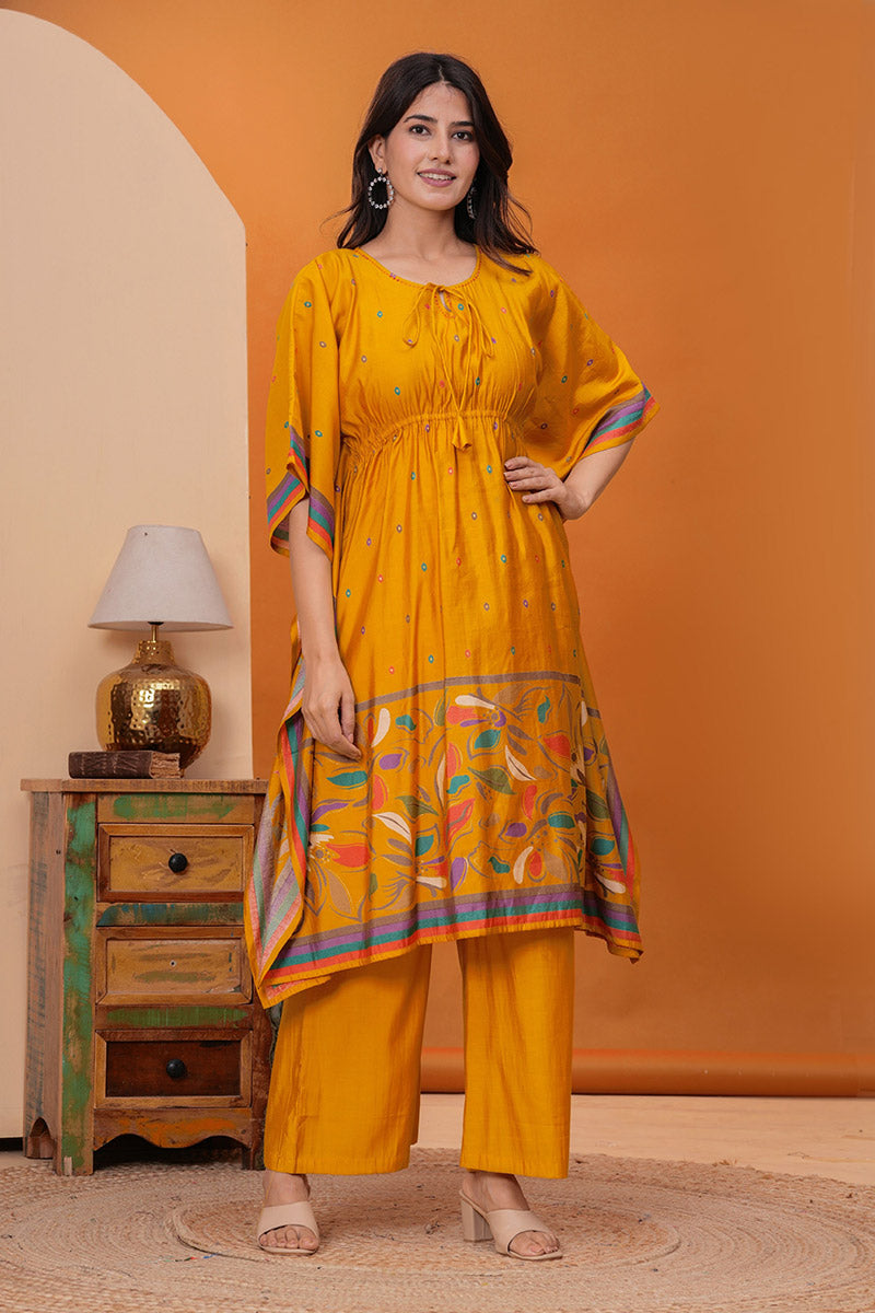 Mustard Floral Kaftan & Palazzo Set – Boho Ethnic Women’s Wear RTI