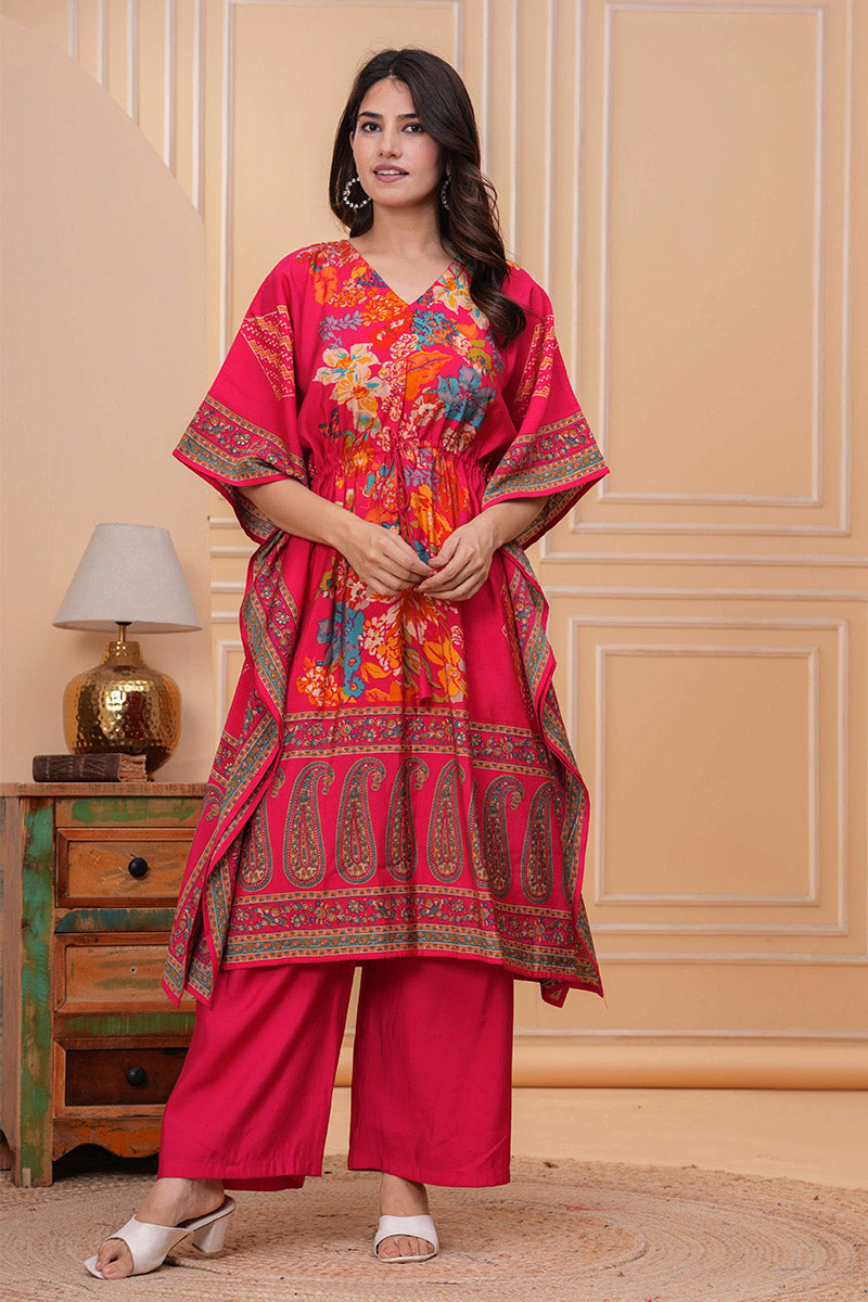 Women’s Pink Cotton Kaftan Co-ord Set with Palazzo RTI