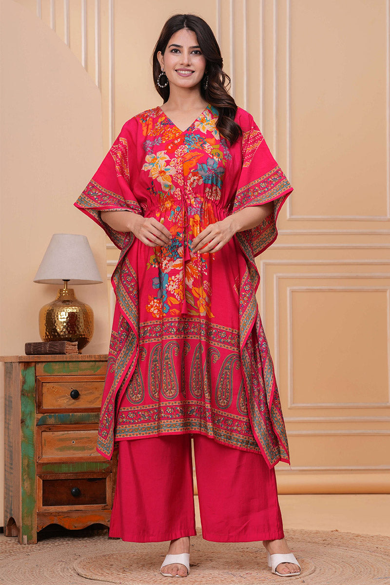 Women’s Pink Cotton Kaftan Co-ord Set with Palazzo RTI