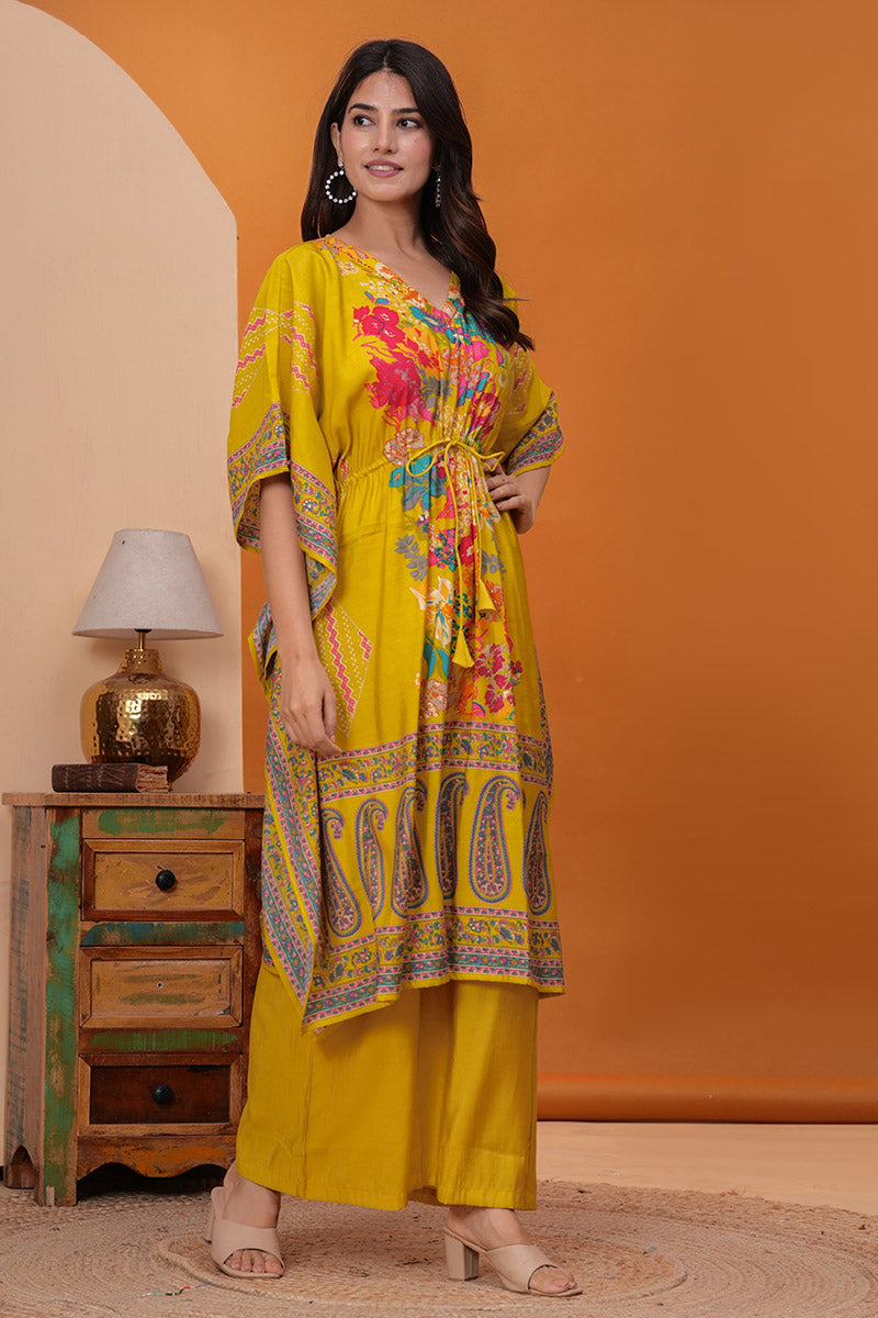 Floral Printed Yellow Kaftan & Palazzo – Summer Ethnic Set RTI