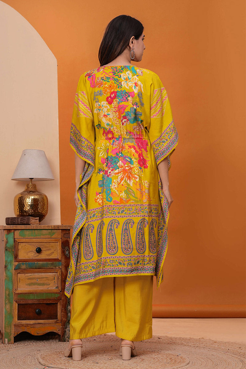 Floral Printed Yellow Kaftan & Palazzo – Summer Ethnic Set RTI