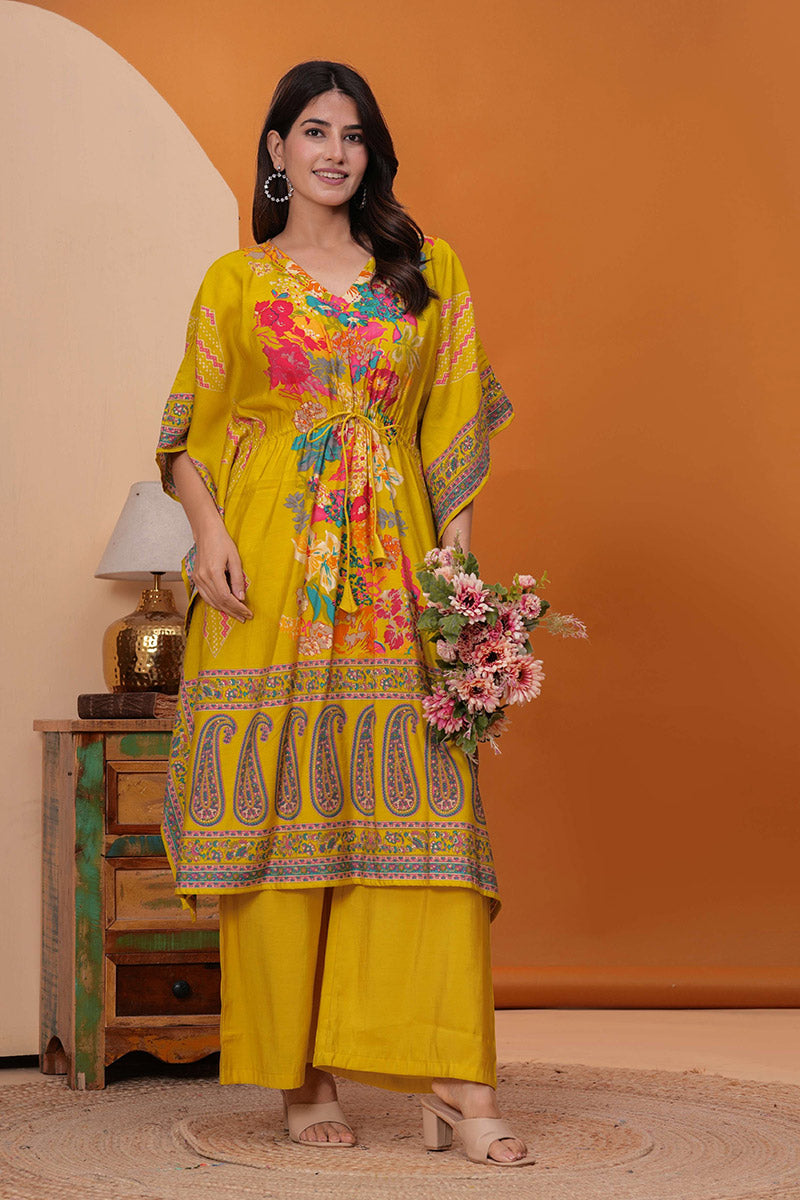 Floral Printed Yellow Kaftan & Palazzo – Summer Ethnic Set RTI