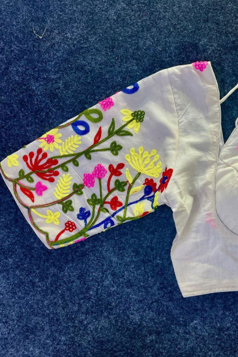 Off-White Blouse with Multicolour Embroidered Sleeves RTI