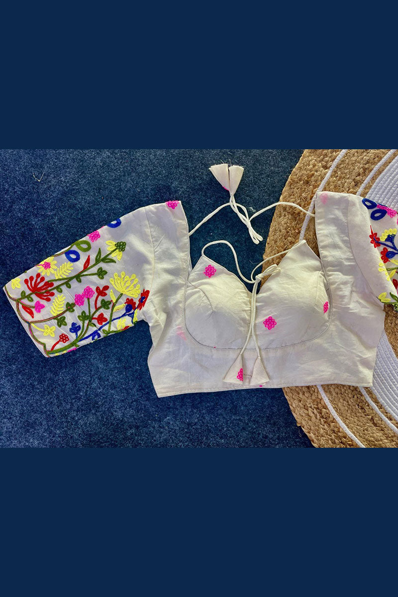 Off-White Blouse with Multicolour Embroidered Sleeves RTI