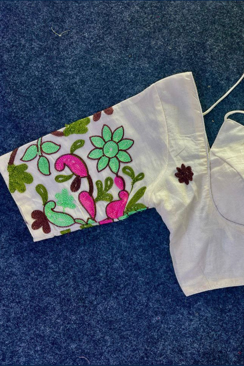 Sweetheart Neck Hand-Embroidered Off-White Readymade Blouse RTI