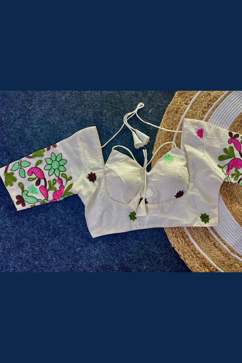 Sweetheart Neck Hand-Embroidered Off-White Readymade Blouse RTI