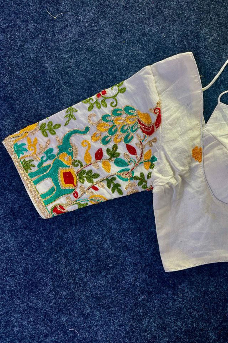 Artisan Hand-Embroidered Blouse in Off-White | Ethnic Saree Top RTI