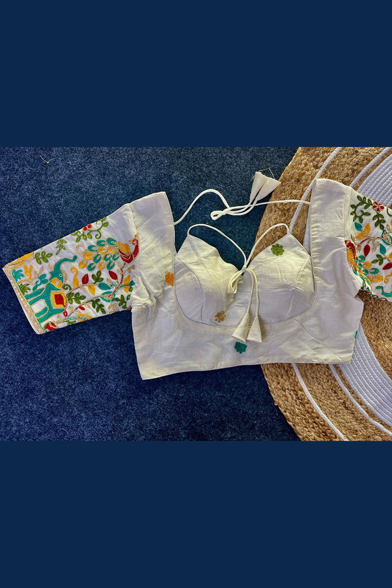 Artisan Hand-Embroidered Blouse in Off-White | Ethnic Saree Top RTI