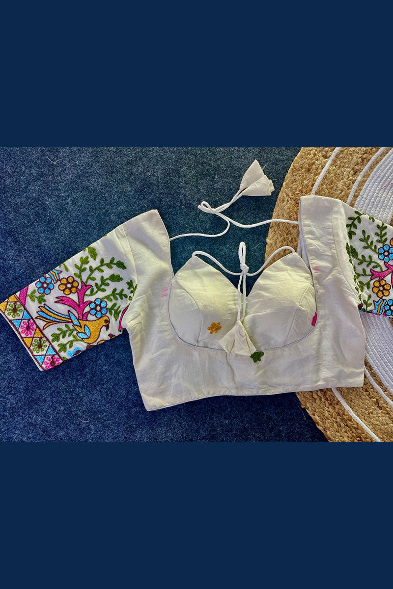 Designer Blouse with Colorful Embroidery & Sweetheart Neck RTI