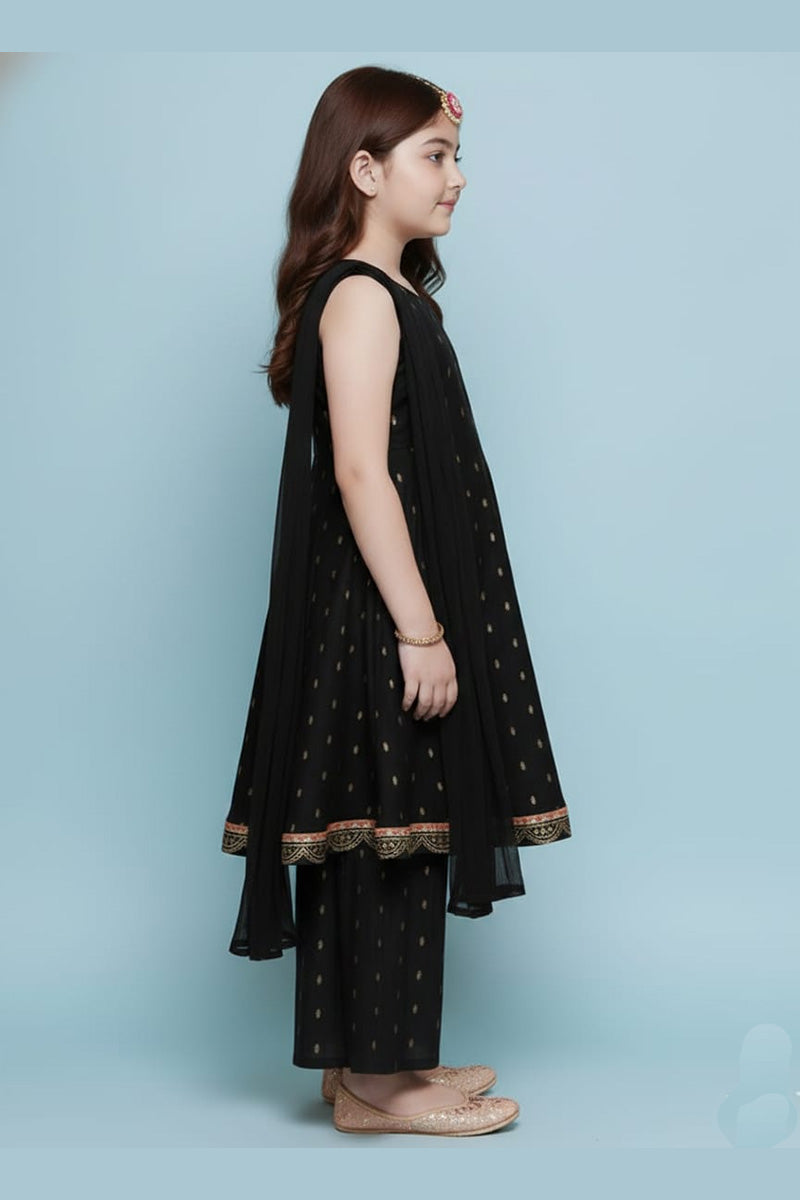 Girls Black & Gold Ethnic Anarkali Dress with Dupatta – Party & Festival Wear RTI