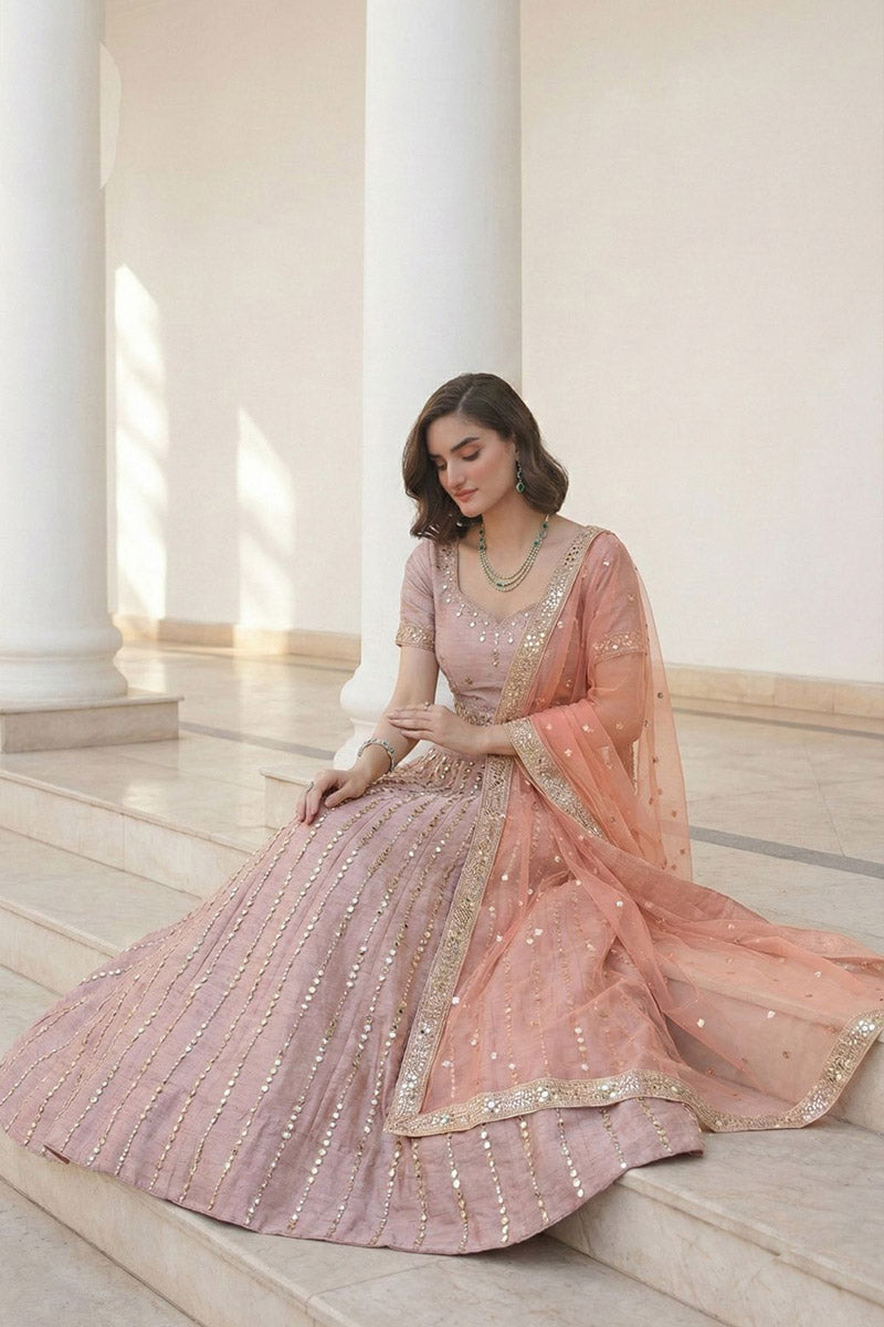 Blush Pink Mirror-Embellished Bridal Lehenga with Sheer Dupatta RTI