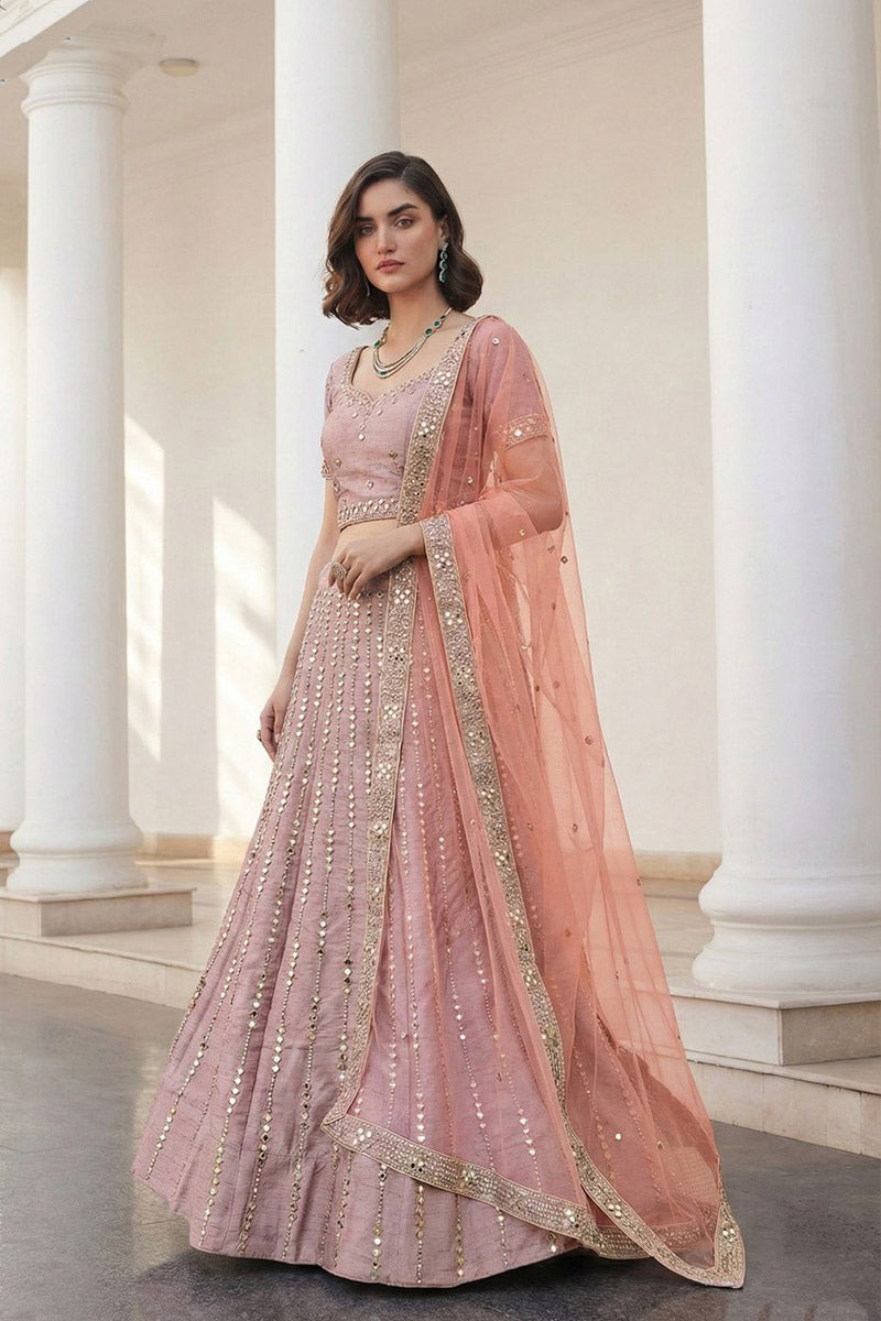 Blush Pink Mirror-Embellished Bridal Lehenga with Sheer Dupatta RTI