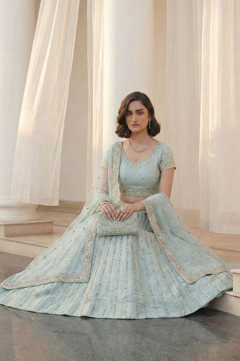Luxury Sky Blue Mirror Work Bridal Lehenga with Net Dupatta RTI