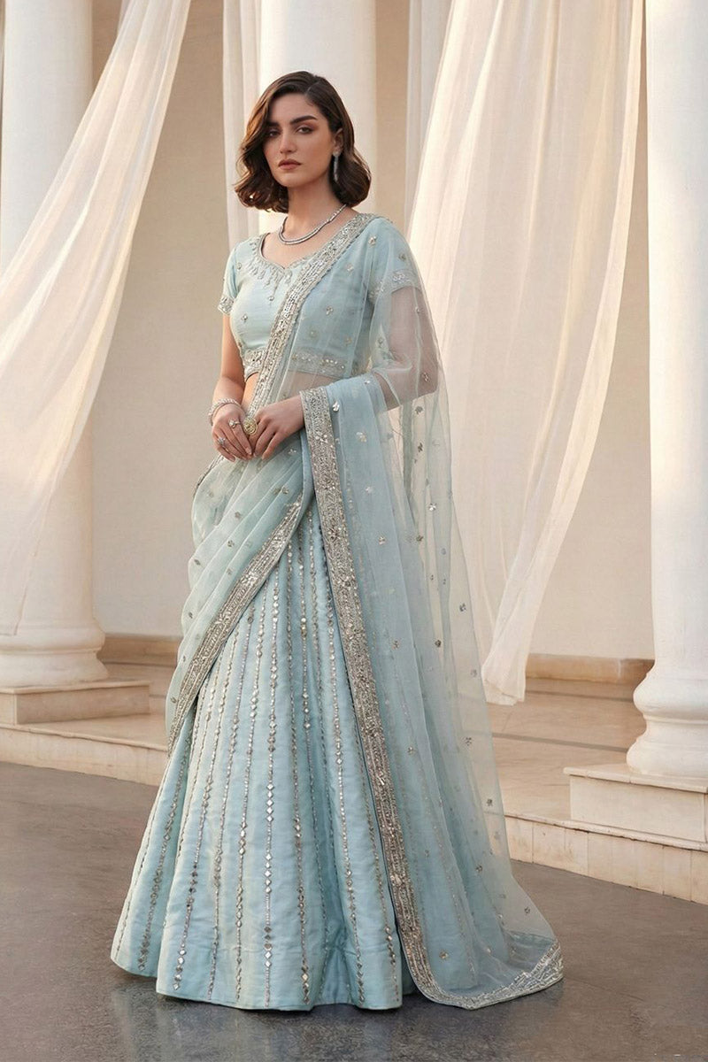 Luxury Sky Blue Mirror Work Bridal Lehenga with Net Dupatta RTI
