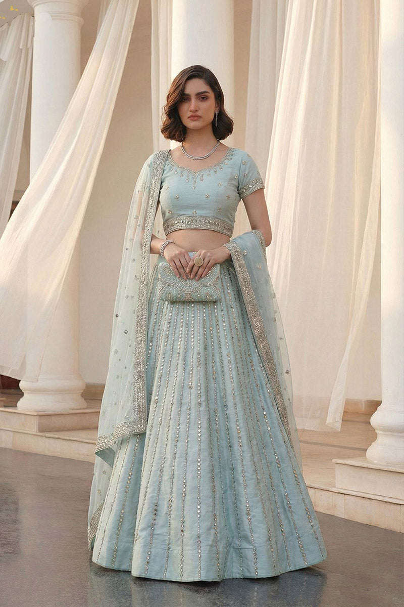 Luxury Sky Blue Mirror Work Bridal Lehenga with Net Dupatta RTI