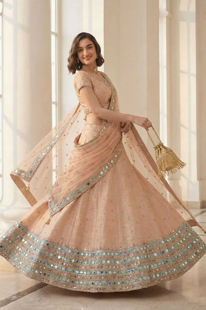 Elegant Peach Mirror & Embroidered Party Wear Lehenga Choli RTI