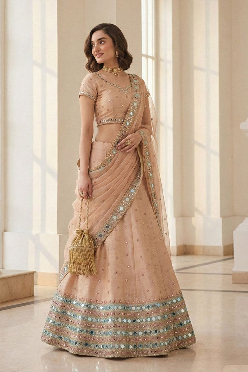 Elegant Peach Mirror & Embroidered Party Wear Lehenga Choli RTI