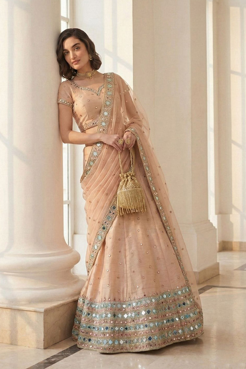 Elegant Peach Mirror & Embroidered Party Wear Lehenga Choli RTI